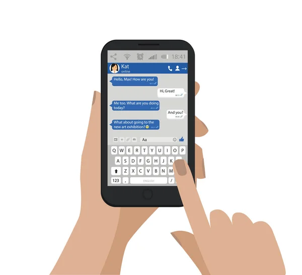 Mão segurando celular e enviar mensagem.Ilustração vetorial. Smartphone chat, diálogo. Rede social . — Vetor de Stock