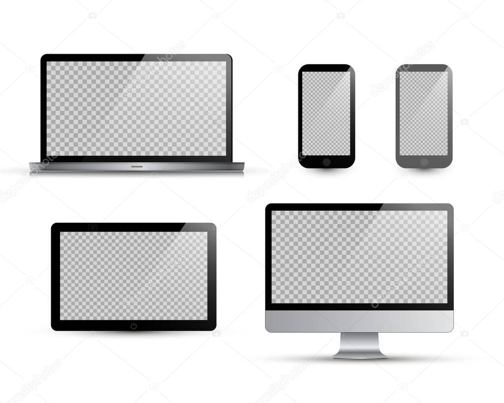 Realistic laptop, tablet, smartphone, computer. Vector illustration. White background. Vector mock up. Isolated on white.