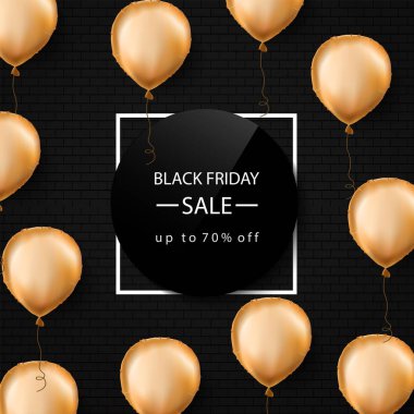 Siyah Cuma satışı büyük başlığı. Altın folyo balonlar. Beyaz sınır. Vektör çizim.
