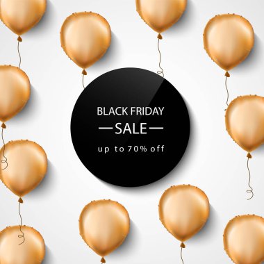 Siyah Cuma satışı büyük başlığı. Altın folyo balonlar. Vektör çizim.