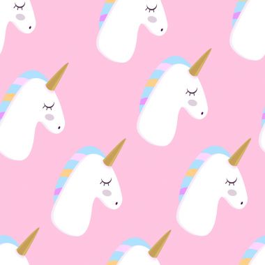 Tek boynuzlu at. Vektör çizim. Pembe bir arka plan. Sorunsuz doku