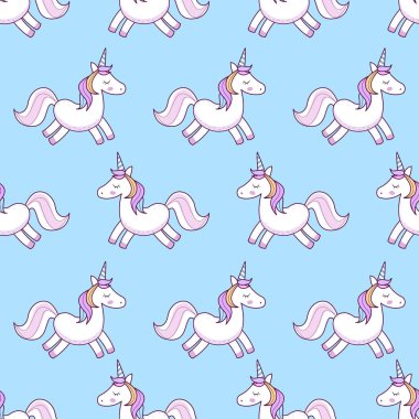 Tek boynuzlu atlar. Vektör çizim. Seamless modeli. Gökkuşağı renkli arka plan üzerinde tek boynuzlu atlar. Sevimli duvar kağıdı.