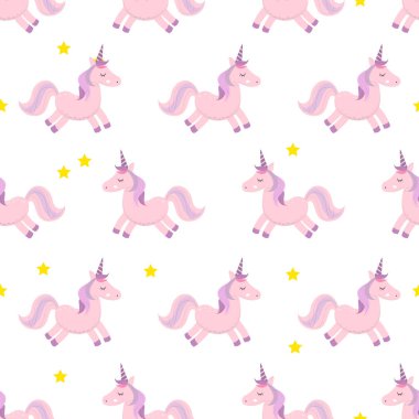 Tek boynuzlu atlar. Vektör çizim. Seamless modeli. Gökkuşağı renkli arka plan üzerinde tek boynuzlu atlar. Sevimli duvar kağıdı.