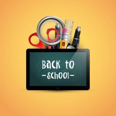 Okula dönüş. Vektör çizim. Okul tablet kadar sahte. Poster tasarım konsepti. Okul malzemeleri sarı .