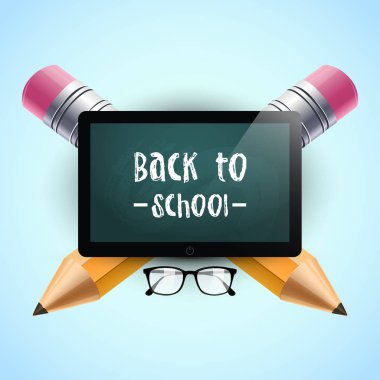 Okula dönüş. Vektör çizim. Okul arka plan şablonu tablet, gözlük ve iki kalem. Okul metne geri. Poster.