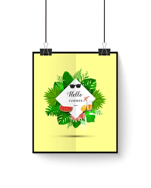 Летнее знамя с тропическими листьями. Векторная иллюстрация. Летний плакат с 3-мя гавайскими листьями, солнцезащитными очками, арбузом . — стоковый вектор