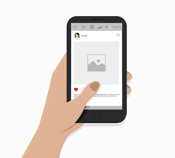 Рука держит смартфон. Векторная иллюстрация. Белый фон. Концепция социальных сетей . — стоковый вектор