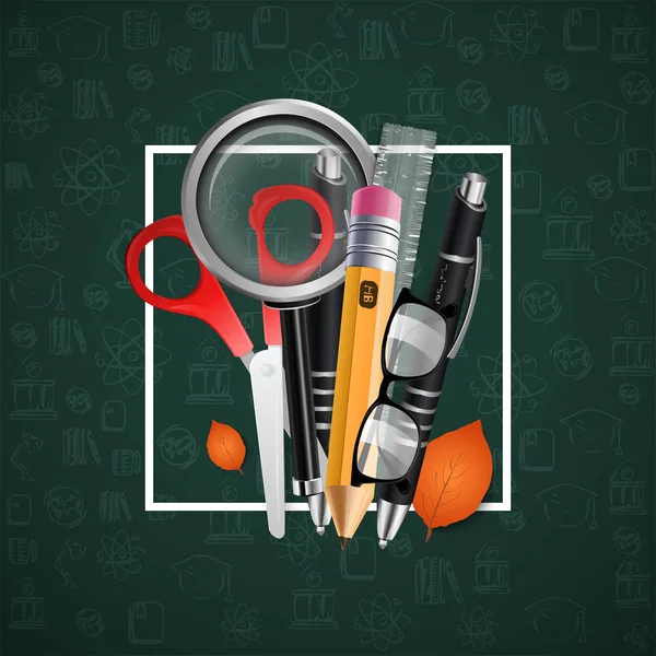 Pero, tužka, lupy, nůžky. Vektorové ilustrace. Zelené pozadí. — Stockový vektor