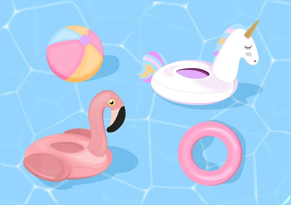 Grappige zwembad drijft met flamingo en Eenhoorn. Vectorillustratie. Zwembad speelgoed op de achtergrond van de blauwe zee. — Stockvector