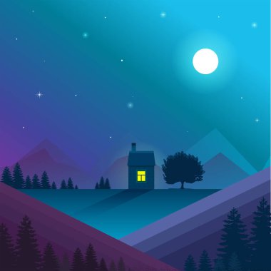 Doğa manzara. Vektör, eps10. Yalnız ev gece doğa manzara