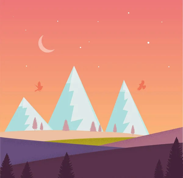 Nature landscape with mountain,moon, stars, forest, field. Violet, green, orange, blue colors. — Stock Vector