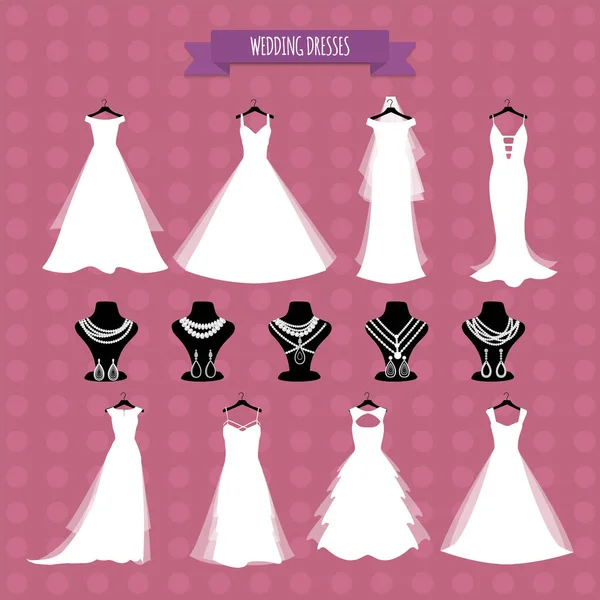 Tienda de bodas. Ilustración vectorial, eps 10. Vestido de novia y joyas . — Archivo Imágenes Vectoriales