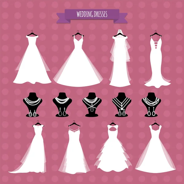 Boutique de mariage. Illustration vectorielle, eps 10. Robe de mariée et bijoux . — Image vectorielle