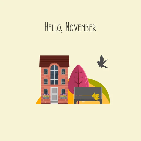 Olá, Novembro. Ilustração vetorial. Bonita casa colorida, jardim com árvore de outono .. — Vetor de Stock