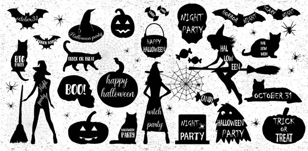 Silhouettes d'Halloween. Sorcière, citrouille, chat noir. Fête d'Halloween. Sticker araignée. Trick ou traiter . — Image vectorielle