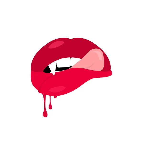 红红的嘴唇。用血的吸血鬼牙齿。矢量 — 图库矢量图片