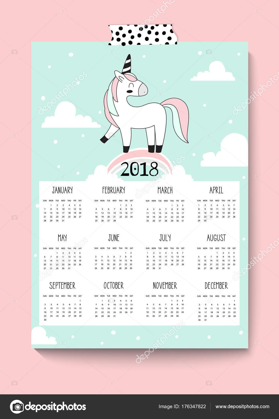 2018 New year calendar. Cute unicorn. Vector. A4 Stock Vector by