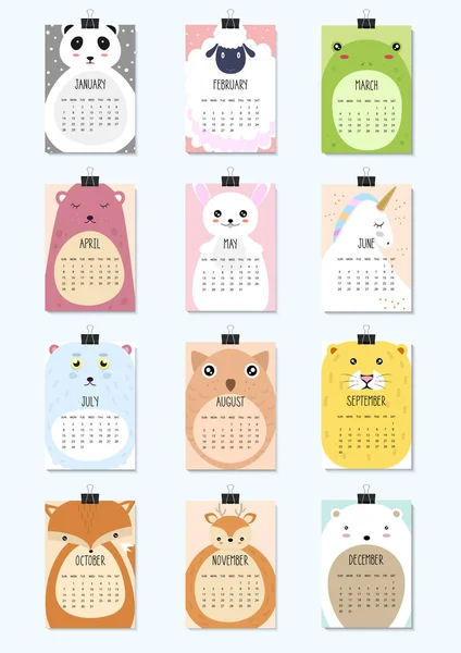 Calendar 2018. Cute monthly calendar with animals. A4 — Stock Vector