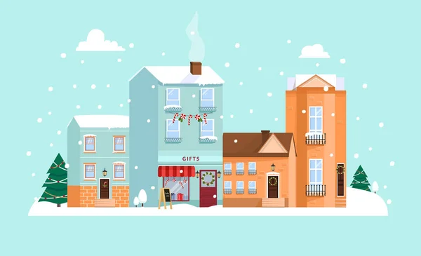 Χριστούγεννα. Χαριτωμένα σπίτια. Επίπεδη στυλ εικονογράφηση διάνυσμα. — Διανυσματικό Αρχείο