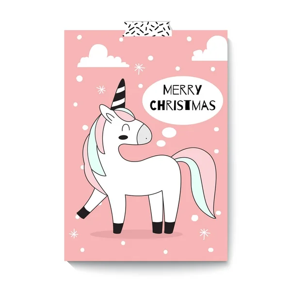 Feliz Navidad. Lindo unicornio. Diseño de la tarjeta de felicitación A4 size . — Vector de stock