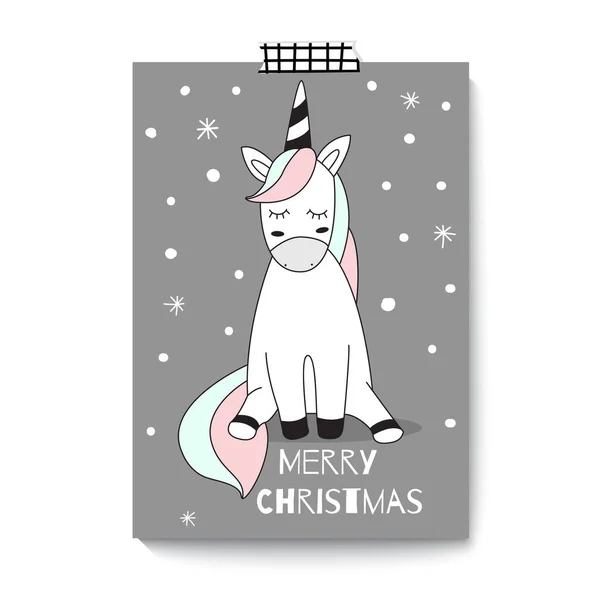 Feliz Navidad. Lindo unicornio. Diseño de la tarjeta de felicitación A4 size . — Vector de stock