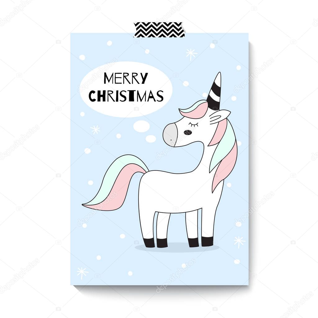 Merry Christmas. Cute unicorn. Greeting card design A4 size.