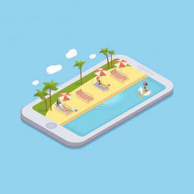 İzometrik Yüzme Havuzu, şezlong, şemsiye şemsiye, plaj topu, avuç içi, halklar.