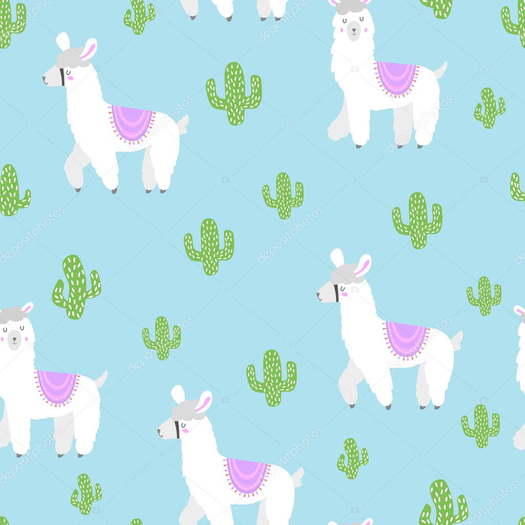 Lama. Cute cartoon alpaca. Seamless pattern. Vector.