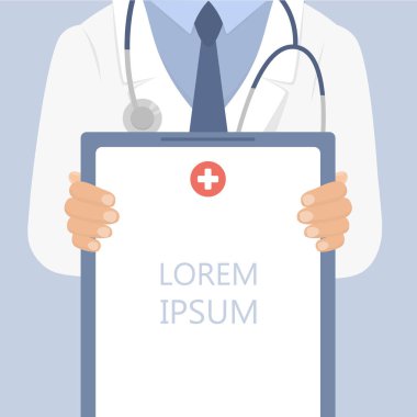 Doktor holding tıbbi Pano. Mavi arka plan. Vektör afiş