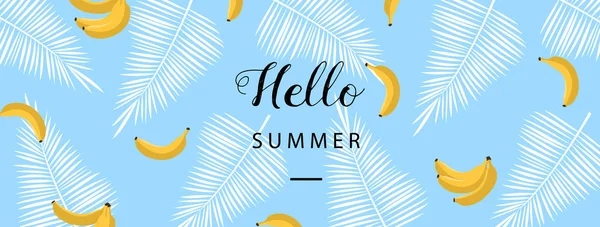 Hola pancarta de verano. Fondo de verano de estilo plano. Papel pintado de verano de moda con fruta. Vector — Vector de stock