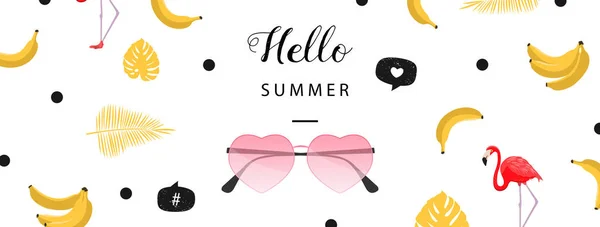 こんにちは夏のバナー。フラット スタイル夏の背景。トレンディな夏のフルーツ壁紙。ベクトル — ストックベクタ