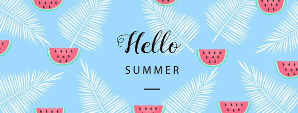 Hola pancarta de verano. Fondo de verano de estilo plano. Papel pintado de verano de moda con fruta. Vector — Archivo Imágenes Vectoriales