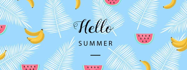 Γεια σας καλοκαίρι πανό. Επίπεδη στυλ καλοκαίρι φόντο. Μοδάτα ταπετσαρία με φρούτα. Διάνυσμα — Διανυσματικό Αρχείο