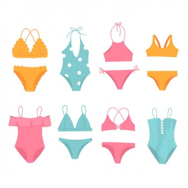Mayo ayarlayın. Mayo, bikini. Plaj moda. Kadın elbiseleri. Vektör