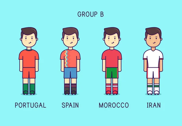 ジャージ キットでグループ b. サッカー選手。ポルトガル、スペイン、モロッコ、イラン. — ストックベクタ