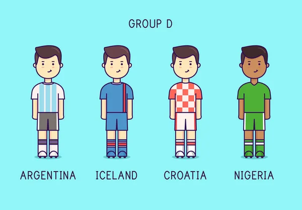 Skupina D. fotbalistů s jersey kit. Argentina, Island, Chorvatsko, Nigérie. — Stockový vektor