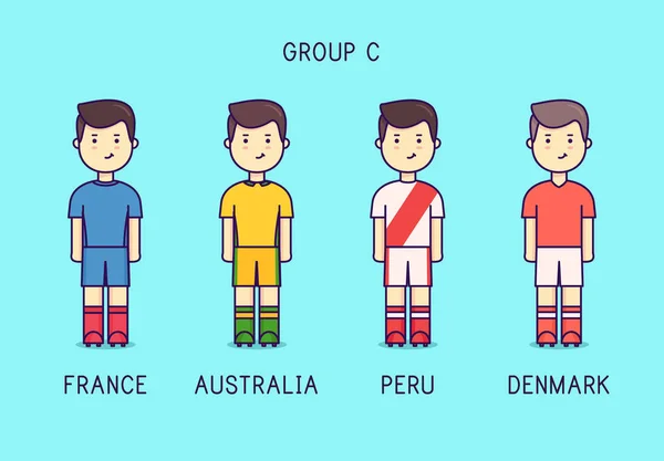 Fotbaloví hráči s jersey kit. Francie, Austrálie, Peru, Dánsko. — Stockový vektor