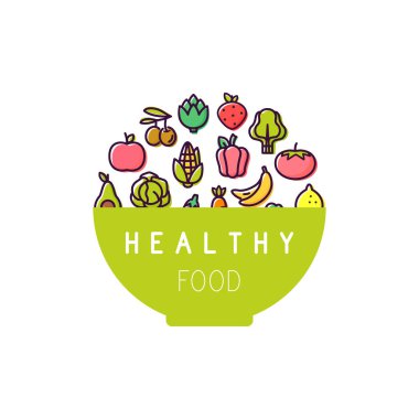 Sebze salatası kase plaka. Organik gıda logosu. Basit çizgi stili. Anahattı kontur.