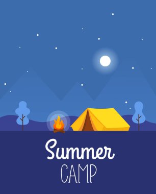 Summer camp. Nature landscape. Night. Flat style. Vector