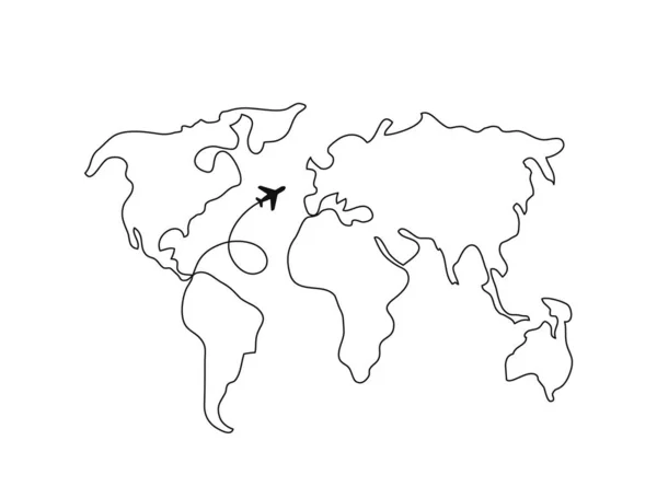 Карты мира. Непрерывный рисунок линии. Самолёт. Поездки — стоковый вектор