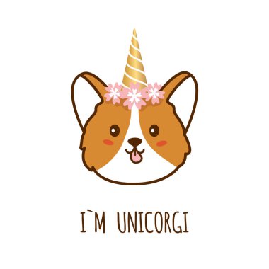 Ben Unicorgi 'yim. Boynuzlu şirin bir Corgi köpeği. Vektör