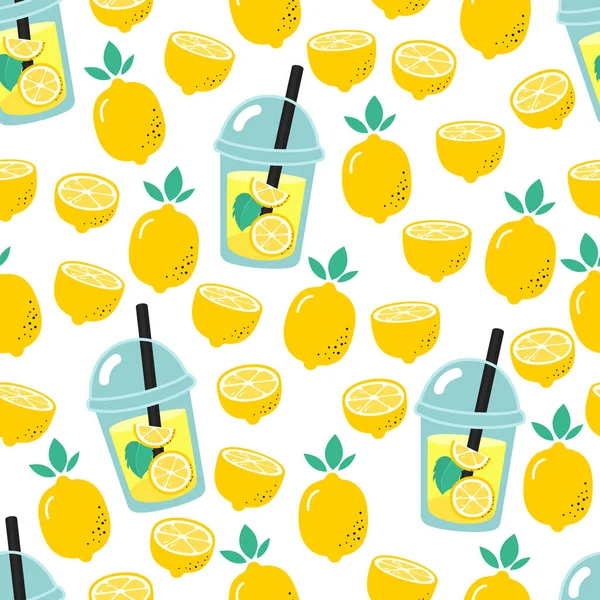 Лимонадный Пластиковый Стаканчик Лимоны Фон Бесшовный Шаблон Отпечатки Лимонов Вектор — стоковый вектор