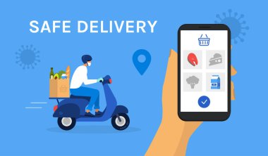 Temassız Güvenli Yemek Teslimatı. Karantina Coronavirüs Covid-19. Süpermarket yemek teslimatı..