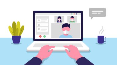 Video konferansı. Çevrimiçi toplantı. Evden çalışıyorum. Coronavirus Karantinası. Vektör illüstrasyonu