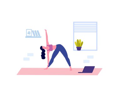 Yoga yapan genç bir kadın. Çevrimiçi yoga dersi. Coronavirus Karantinası. Vektör illüstrasyonu