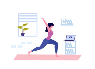 Yoga yapan genç bir kadın. Çevrimiçi yoga dersi. Coronavirus Karantinası. Vektör illüstrasyonu