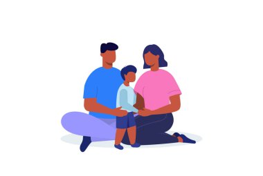 Siyah aile. Anne, baba ve oğul. Düz çizim. Vektör