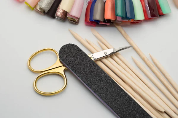 Manicure Tools White Background Scissors Nail File Sticks Etc — Stock Photo, Image