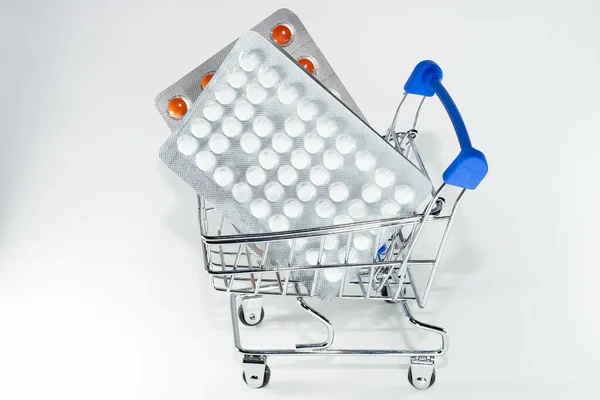 Medicines Shopping Trolley White Background — Stock Photo, Image