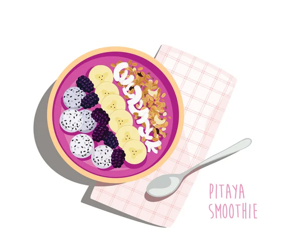 Pitaya smoothie tazón de desayuno con ingredientes — Vector de stock